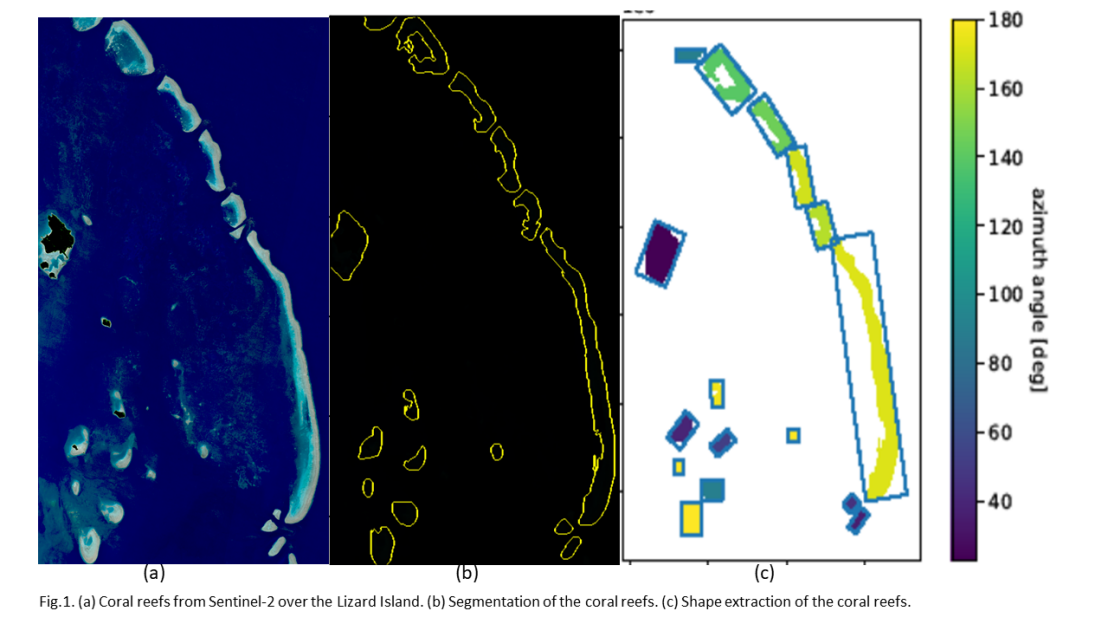 Enlarged view: Fig.1. (a) Coral reefs from Sentinel-2 over the Lizard Island. (b) Segmentation of the coral reefs. (c) Shape extraction of the coral reefs